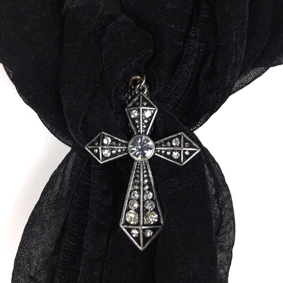 CATO Scarf Cross Slide Charm Metal Stretchy Gauzy Sheer Rhinestones Minimalist - Picture 3 of 9